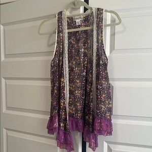 Purple Floral Lace Trim Blouse
